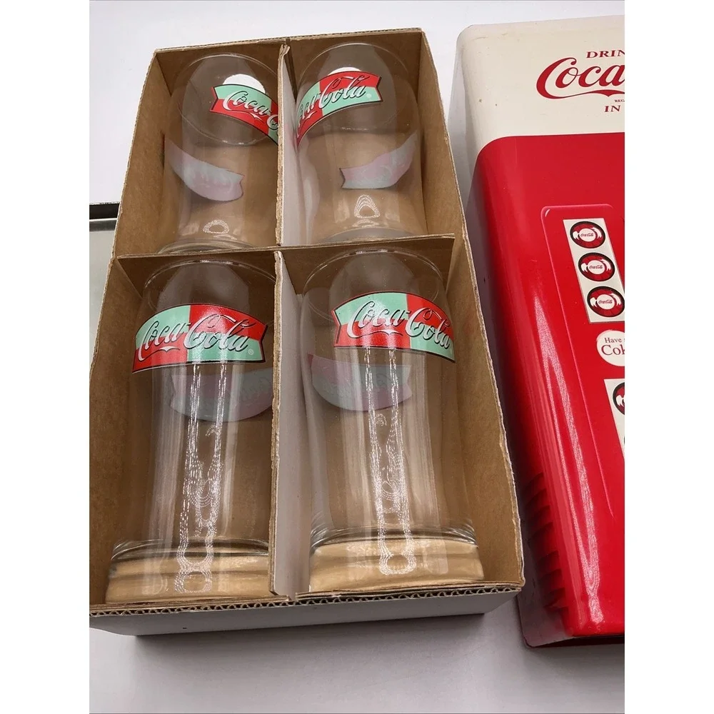 Coca Cola 1999 Coke Vending Machine Tin with 4 pc. 8 oz. Glass Set inside tin